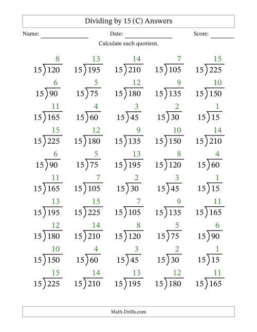 The Division Facts by a Fixed Divisor (15) and Quotients from 1 to 15 with Long Division Symbol/Bracket (50 questions) (C) Math Worksheet Page 2