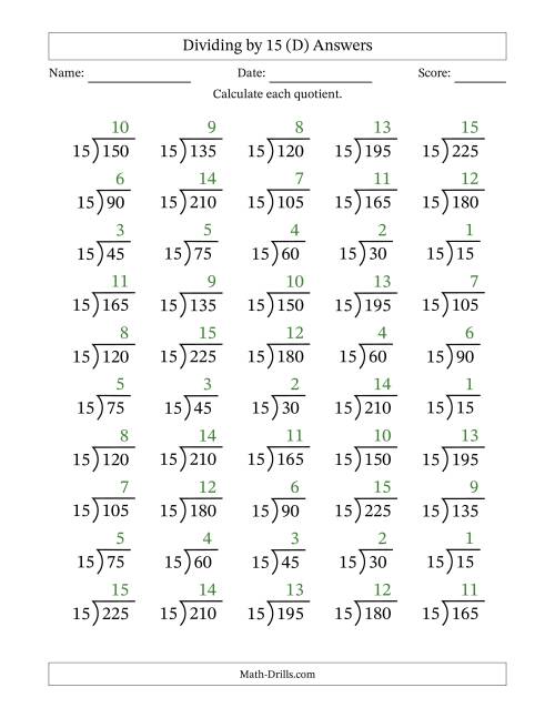 The Division Facts by a Fixed Divisor (15) and Quotients from 1 to 15 with Long Division Symbol/Bracket (50 questions) (D) Math Worksheet Page 2