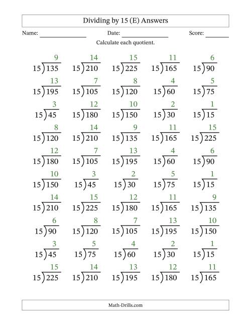 The Division Facts by a Fixed Divisor (15) and Quotients from 1 to 15 with Long Division Symbol/Bracket (50 questions) (E) Math Worksheet Page 2