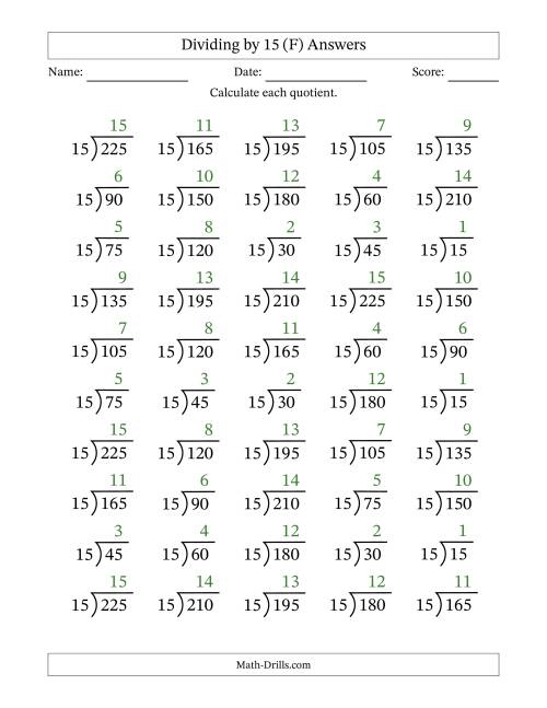 The Division Facts by a Fixed Divisor (15) and Quotients from 1 to 15 with Long Division Symbol/Bracket (50 questions) (F) Math Worksheet Page 2