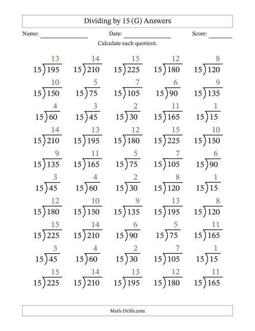 The Division Facts by a Fixed Divisor (15) and Quotients from 1 to 15 with Long Division Symbol/Bracket (50 questions) (G) Math Worksheet Page 2