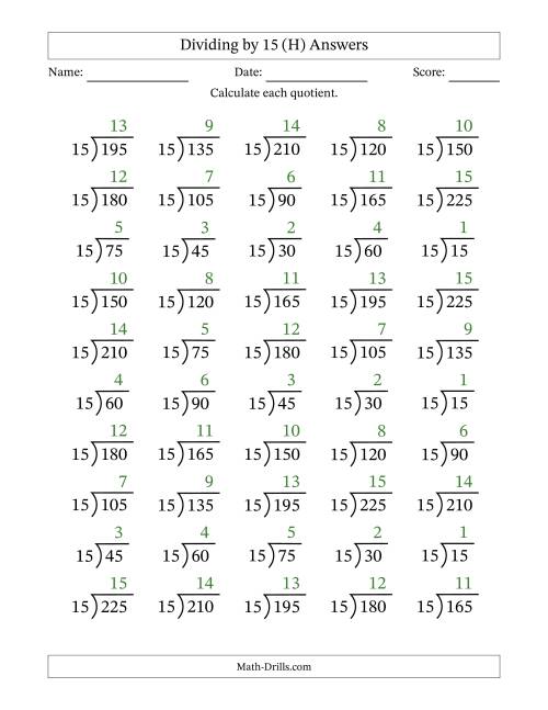 The Division Facts by a Fixed Divisor (15) and Quotients from 1 to 15 with Long Division Symbol/Bracket (50 questions) (H) Math Worksheet Page 2