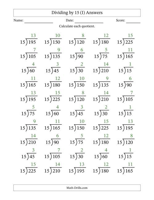 The Division Facts by a Fixed Divisor (15) and Quotients from 1 to 15 with Long Division Symbol/Bracket (50 questions) (I) Math Worksheet Page 2