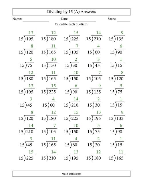 The Division Facts by a Fixed Divisor (15) and Quotients from 1 to 15 with Long Division Symbol/Bracket (50 questions) (All) Math Worksheet Page 2