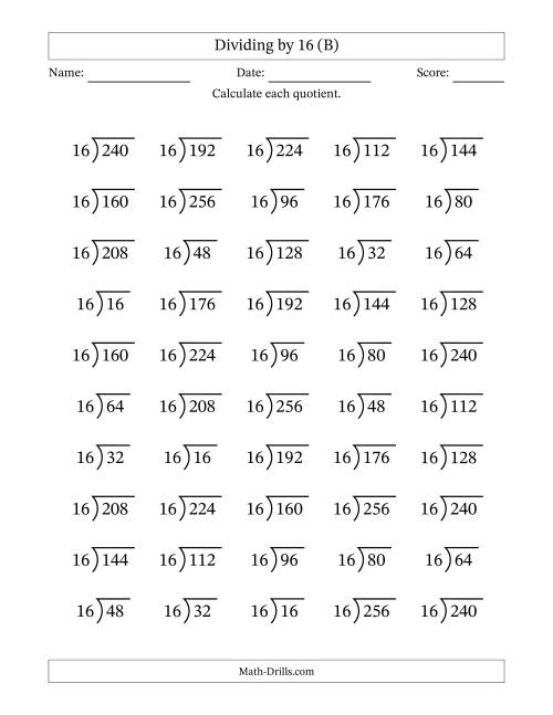The Division Facts by a Fixed Divisor (16) and Quotients from 1 to 16 with Long Division Symbol/Bracket (50 questions) (B) Math Worksheet