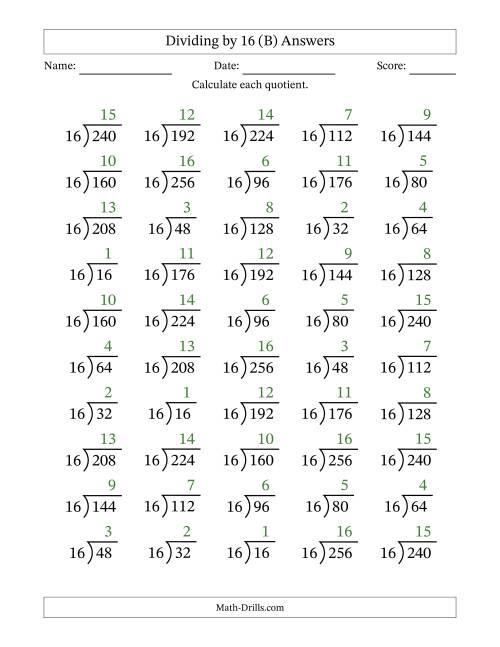 The Division Facts by a Fixed Divisor (16) and Quotients from 1 to 16 with Long Division Symbol/Bracket (50 questions) (B) Math Worksheet Page 2