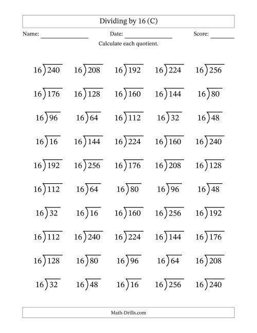 The Division Facts by a Fixed Divisor (16) and Quotients from 1 to 16 with Long Division Symbol/Bracket (50 questions) (C) Math Worksheet