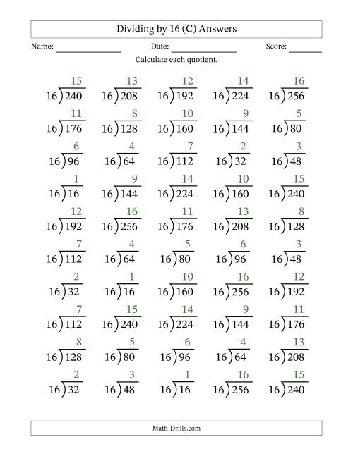 The Division Facts by a Fixed Divisor (16) and Quotients from 1 to 16 with Long Division Symbol/Bracket (50 questions) (C) Math Worksheet Page 2