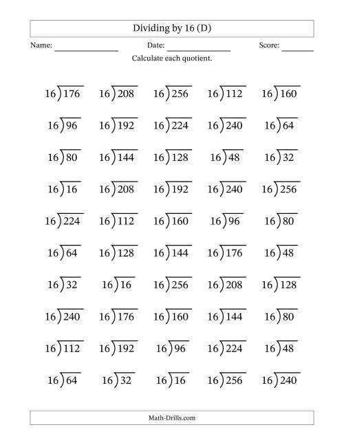 The Division Facts by a Fixed Divisor (16) and Quotients from 1 to 16 with Long Division Symbol/Bracket (50 questions) (D) Math Worksheet