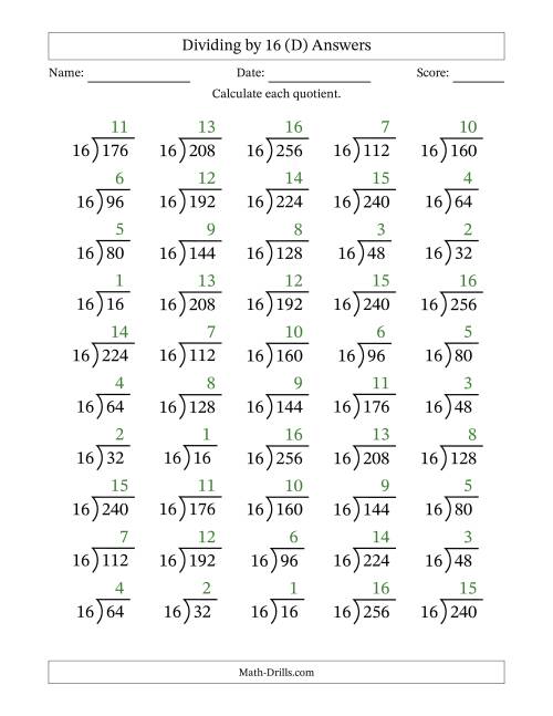 The Division Facts by a Fixed Divisor (16) and Quotients from 1 to 16 with Long Division Symbol/Bracket (50 questions) (D) Math Worksheet Page 2