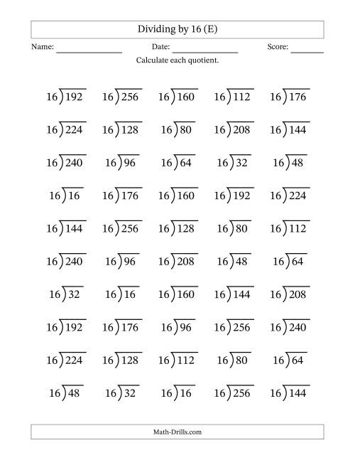The Division Facts by a Fixed Divisor (16) and Quotients from 1 to 16 with Long Division Symbol/Bracket (50 questions) (E) Math Worksheet