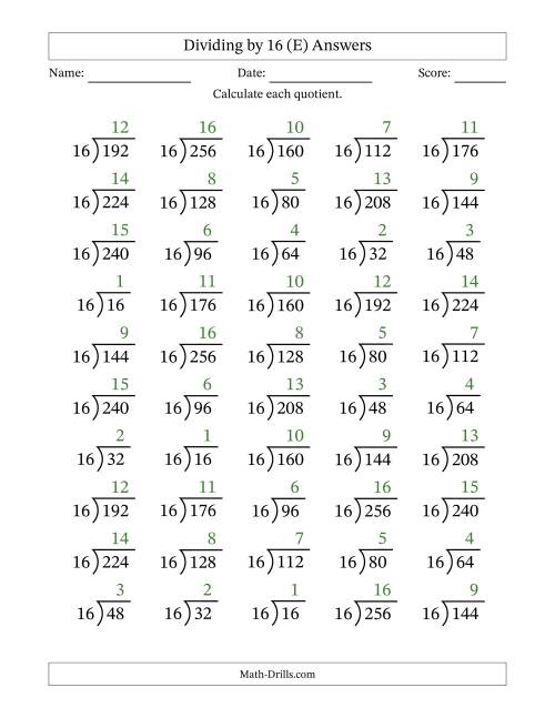 The Division Facts by a Fixed Divisor (16) and Quotients from 1 to 16 with Long Division Symbol/Bracket (50 questions) (E) Math Worksheet Page 2