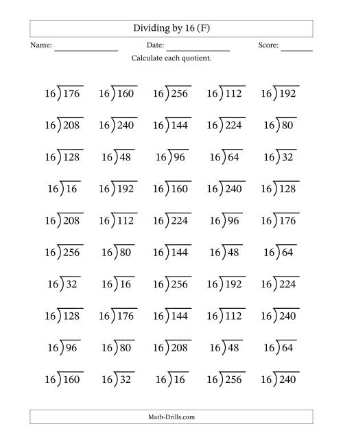 The Division Facts by a Fixed Divisor (16) and Quotients from 1 to 16 with Long Division Symbol/Bracket (50 questions) (F) Math Worksheet