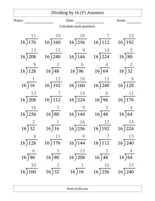 The Division Facts by a Fixed Divisor (16) and Quotients from 1 to 16 with Long Division Symbol/Bracket (50 questions) (F) Math Worksheet Page 2