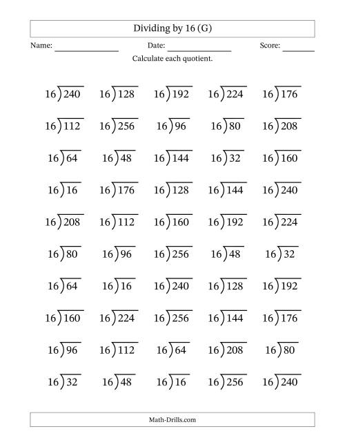 The Division Facts by a Fixed Divisor (16) and Quotients from 1 to 16 with Long Division Symbol/Bracket (50 questions) (G) Math Worksheet