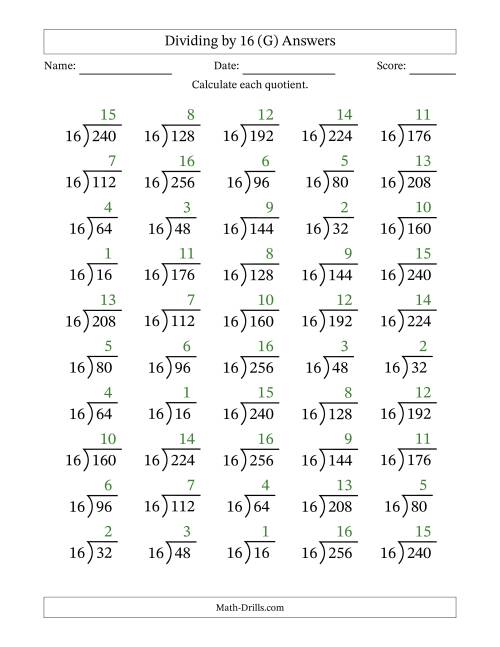 The Division Facts by a Fixed Divisor (16) and Quotients from 1 to 16 with Long Division Symbol/Bracket (50 questions) (G) Math Worksheet Page 2