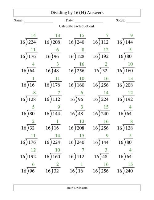 The Division Facts by a Fixed Divisor (16) and Quotients from 1 to 16 with Long Division Symbol/Bracket (50 questions) (H) Math Worksheet Page 2