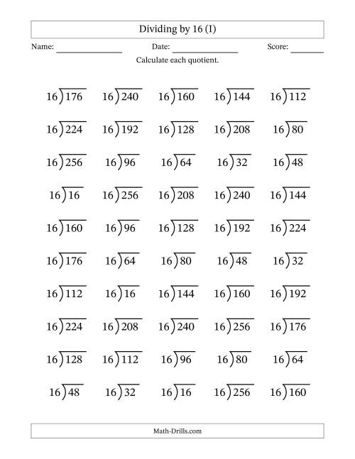 The Division Facts by a Fixed Divisor (16) and Quotients from 1 to 16 with Long Division Symbol/Bracket (50 questions) (I) Math Worksheet
