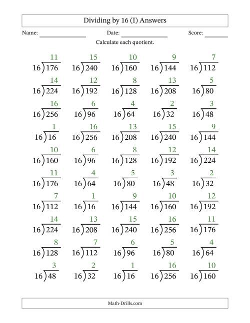 The Division Facts by a Fixed Divisor (16) and Quotients from 1 to 16 with Long Division Symbol/Bracket (50 questions) (I) Math Worksheet Page 2