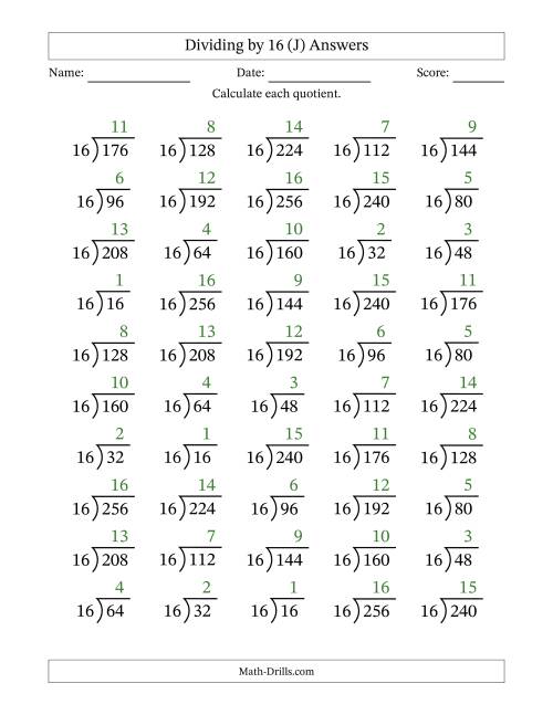 The Division Facts by a Fixed Divisor (16) and Quotients from 1 to 16 with Long Division Symbol/Bracket (50 questions) (J) Math Worksheet Page 2