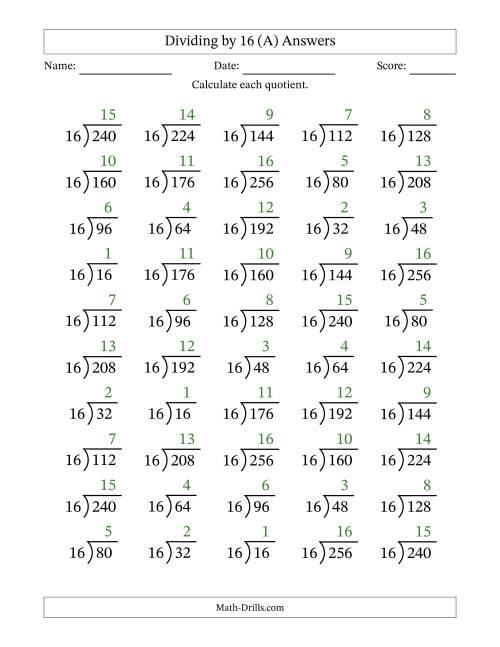 The Division Facts by a Fixed Divisor (16) and Quotients from 1 to 16 with Long Division Symbol/Bracket (50 questions) (All) Math Worksheet Page 2