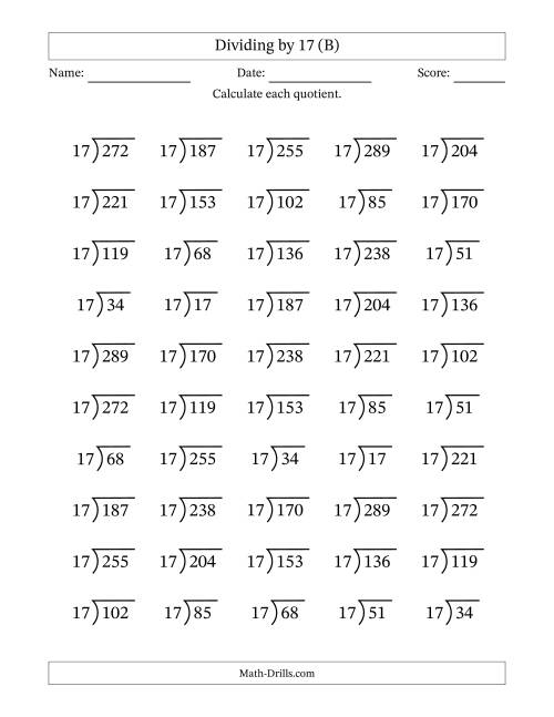 The Division Facts by a Fixed Divisor (17) and Quotients from 1 to 17 with Long Division Symbol/Bracket (50 questions) (B) Math Worksheet