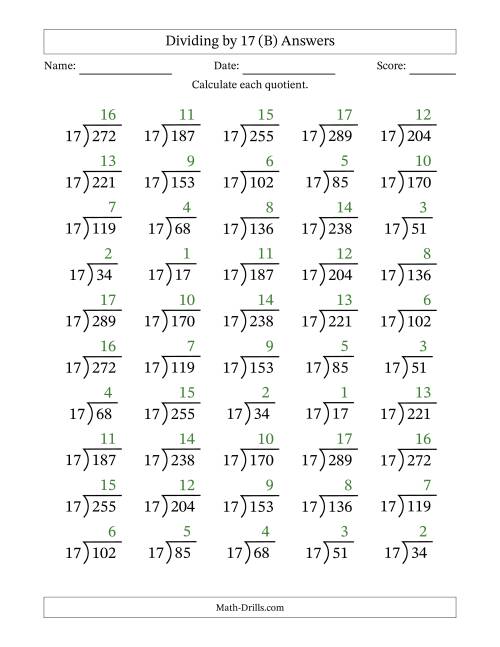 The Division Facts by a Fixed Divisor (17) and Quotients from 1 to 17 with Long Division Symbol/Bracket (50 questions) (B) Math Worksheet Page 2