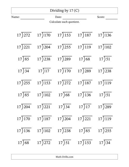 The Division Facts by a Fixed Divisor (17) and Quotients from 1 to 17 with Long Division Symbol/Bracket (50 questions) (C) Math Worksheet