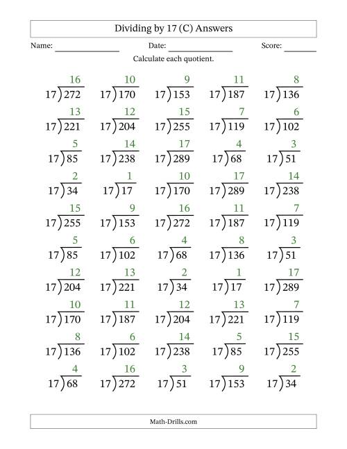 The Division Facts by a Fixed Divisor (17) and Quotients from 1 to 17 with Long Division Symbol/Bracket (50 questions) (C) Math Worksheet Page 2