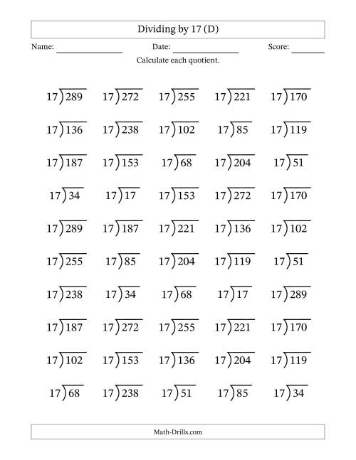 The Division Facts by a Fixed Divisor (17) and Quotients from 1 to 17 with Long Division Symbol/Bracket (50 questions) (D) Math Worksheet
