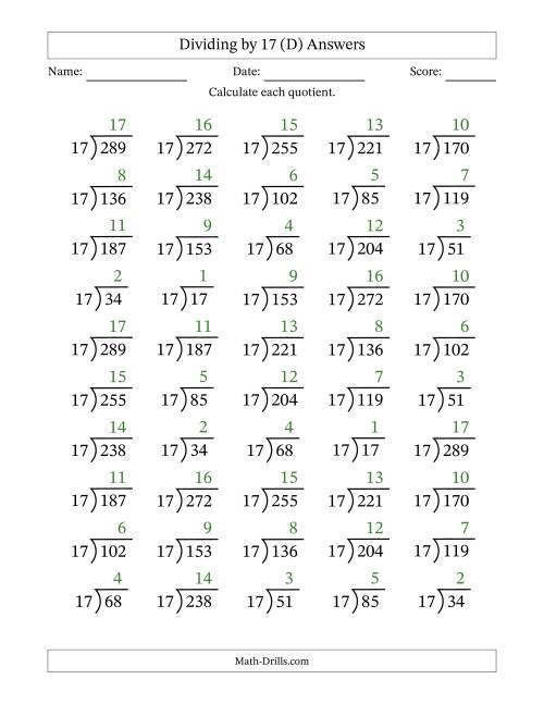 The Division Facts by a Fixed Divisor (17) and Quotients from 1 to 17 with Long Division Symbol/Bracket (50 questions) (D) Math Worksheet Page 2