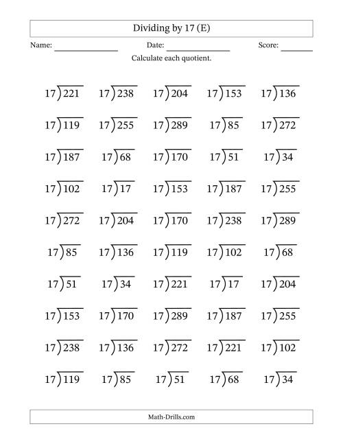 The Division Facts by a Fixed Divisor (17) and Quotients from 1 to 17 with Long Division Symbol/Bracket (50 questions) (E) Math Worksheet