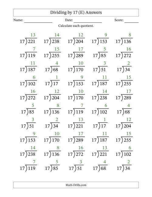 The Division Facts by a Fixed Divisor (17) and Quotients from 1 to 17 with Long Division Symbol/Bracket (50 questions) (E) Math Worksheet Page 2