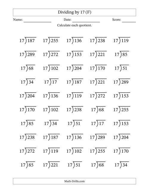 The Division Facts by a Fixed Divisor (17) and Quotients from 1 to 17 with Long Division Symbol/Bracket (50 questions) (F) Math Worksheet