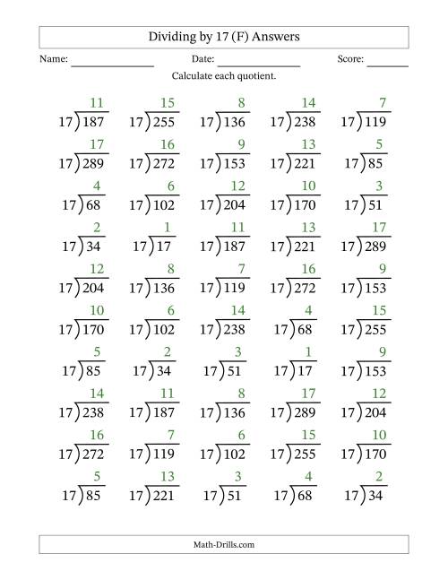 The Division Facts by a Fixed Divisor (17) and Quotients from 1 to 17 with Long Division Symbol/Bracket (50 questions) (F) Math Worksheet Page 2