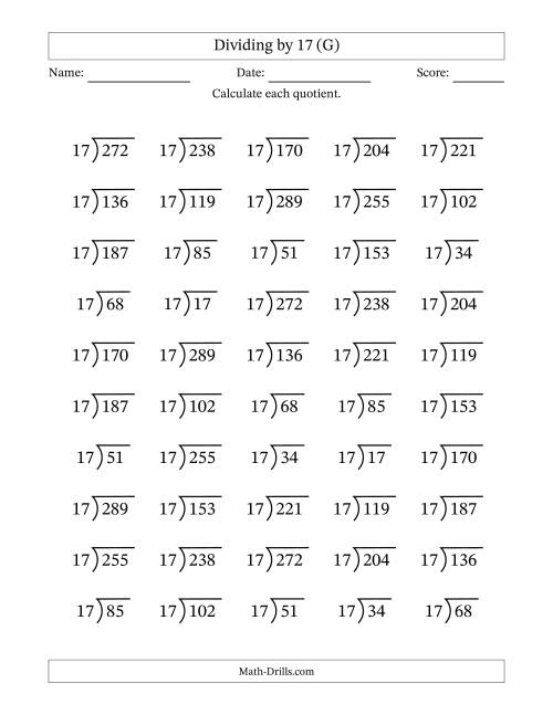 The Division Facts by a Fixed Divisor (17) and Quotients from 1 to 17 with Long Division Symbol/Bracket (50 questions) (G) Math Worksheet