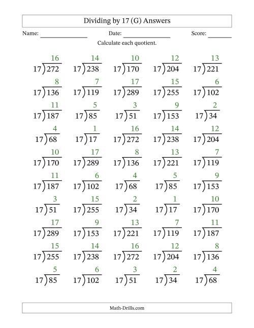 The Division Facts by a Fixed Divisor (17) and Quotients from 1 to 17 with Long Division Symbol/Bracket (50 questions) (G) Math Worksheet Page 2