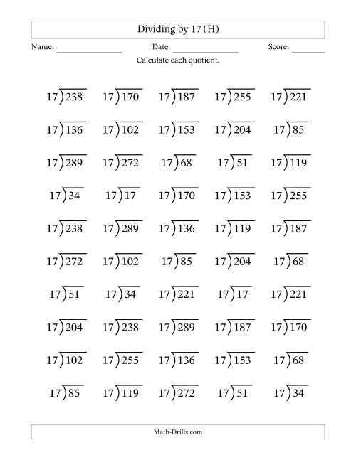 The Division Facts by a Fixed Divisor (17) and Quotients from 1 to 17 with Long Division Symbol/Bracket (50 questions) (H) Math Worksheet
