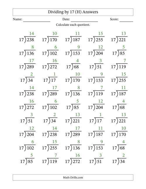 The Division Facts by a Fixed Divisor (17) and Quotients from 1 to 17 with Long Division Symbol/Bracket (50 questions) (H) Math Worksheet Page 2
