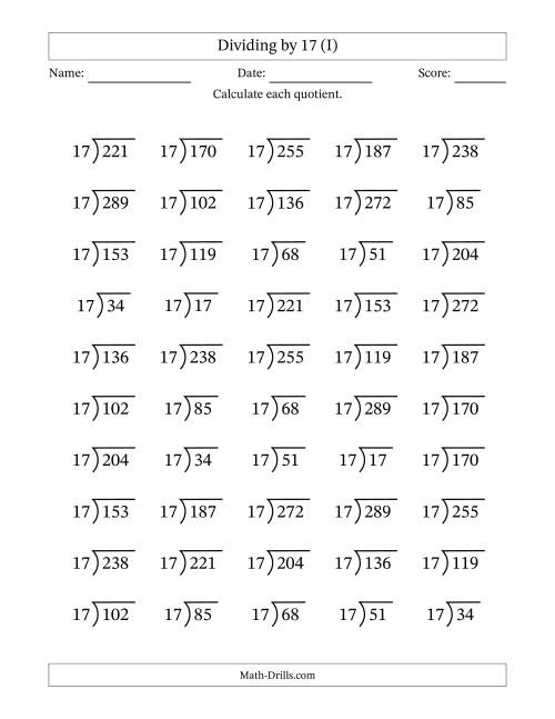 The Division Facts by a Fixed Divisor (17) and Quotients from 1 to 17 with Long Division Symbol/Bracket (50 questions) (I) Math Worksheet