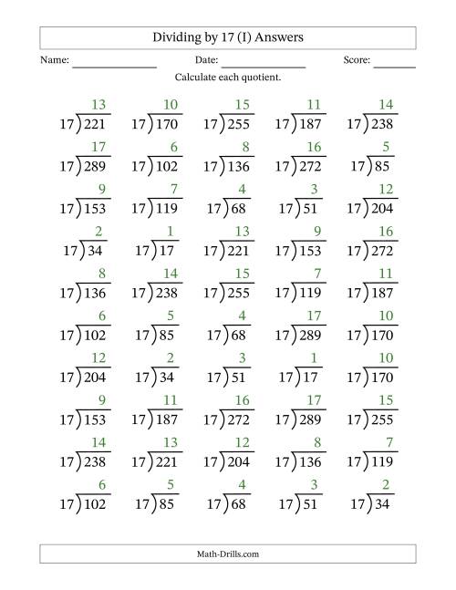 The Division Facts by a Fixed Divisor (17) and Quotients from 1 to 17 with Long Division Symbol/Bracket (50 questions) (I) Math Worksheet Page 2