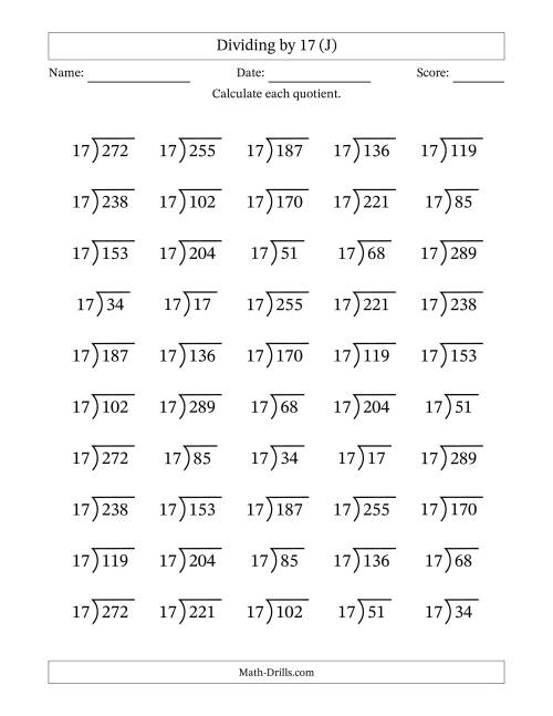 The Division Facts by a Fixed Divisor (17) and Quotients from 1 to 17 with Long Division Symbol/Bracket (50 questions) (J) Math Worksheet