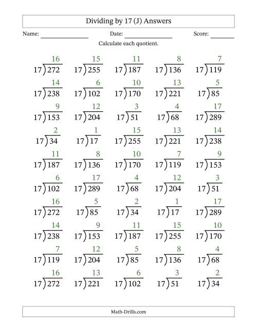 The Division Facts by a Fixed Divisor (17) and Quotients from 1 to 17 with Long Division Symbol/Bracket (50 questions) (J) Math Worksheet Page 2