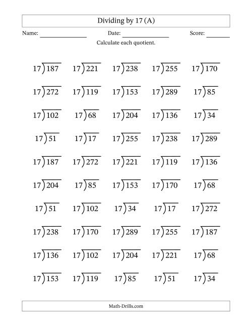 The Division Facts by a Fixed Divisor (17) and Quotients from 1 to 17 with Long Division Symbol/Bracket (50 questions) (All) Math Worksheet