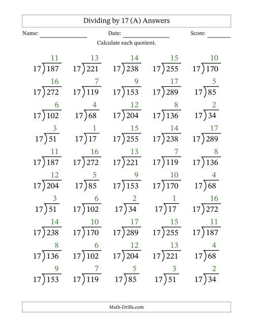 The Division Facts by a Fixed Divisor (17) and Quotients from 1 to 17 with Long Division Symbol/Bracket (50 questions) (All) Math Worksheet Page 2