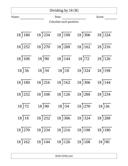 The Division Facts by a Fixed Divisor (18) and Quotients from 1 to 18 with Long Division Symbol/Bracket (50 questions) (B) Math Worksheet