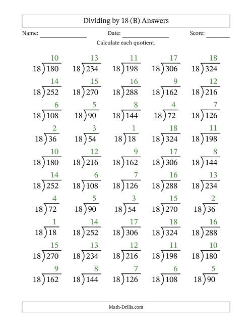 The Division Facts by a Fixed Divisor (18) and Quotients from 1 to 18 with Long Division Symbol/Bracket (50 questions) (B) Math Worksheet Page 2