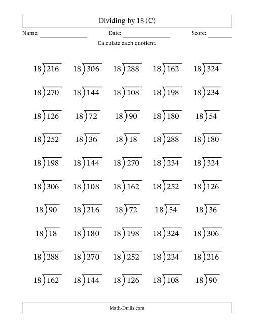 The Division Facts by a Fixed Divisor (18) and Quotients from 1 to 18 with Long Division Symbol/Bracket (50 questions) (C) Math Worksheet
