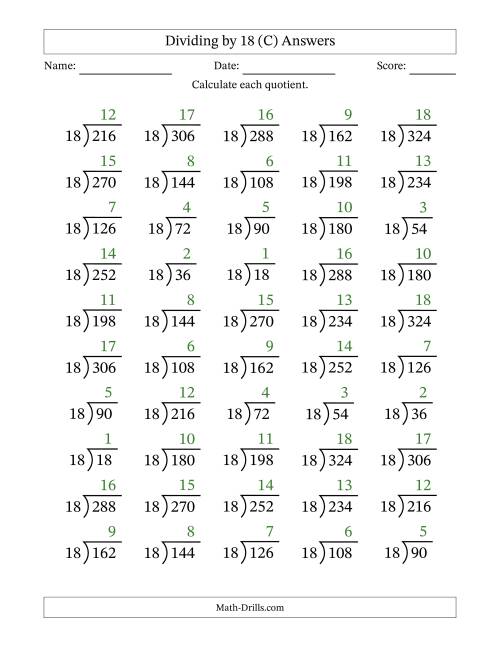 The Division Facts by a Fixed Divisor (18) and Quotients from 1 to 18 with Long Division Symbol/Bracket (50 questions) (C) Math Worksheet Page 2