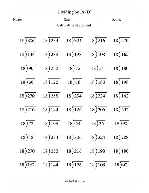 The Division Facts by a Fixed Divisor (18) and Quotients from 1 to 18 with Long Division Symbol/Bracket (50 questions) (D) Math Worksheet